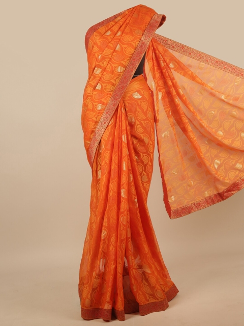 

Pothys Orange & Red Ethnic Motifs Poly Chiffon Zari Saree