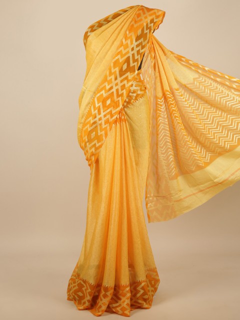 

Pothys Yellow Abstract Printed Sequinned Detailed Poly Chiffon Saree