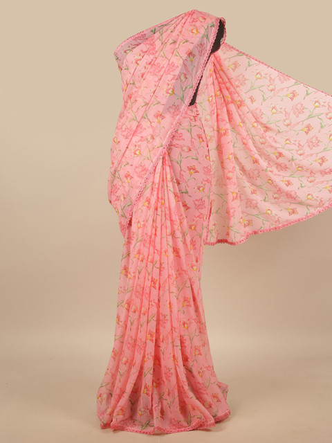 

Pothys Pink & Green Floral Printed & Stones Poly Chiffon Saree