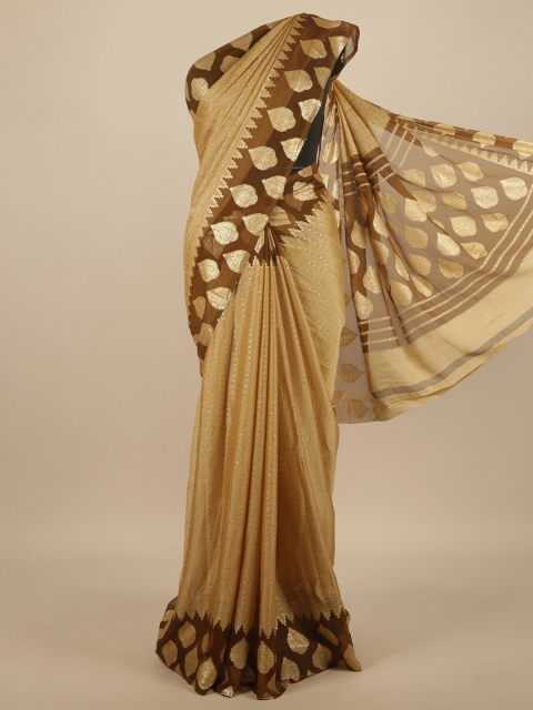 

Pothys Tan & Gold-Toned Embellished Poly Chiffon Saree