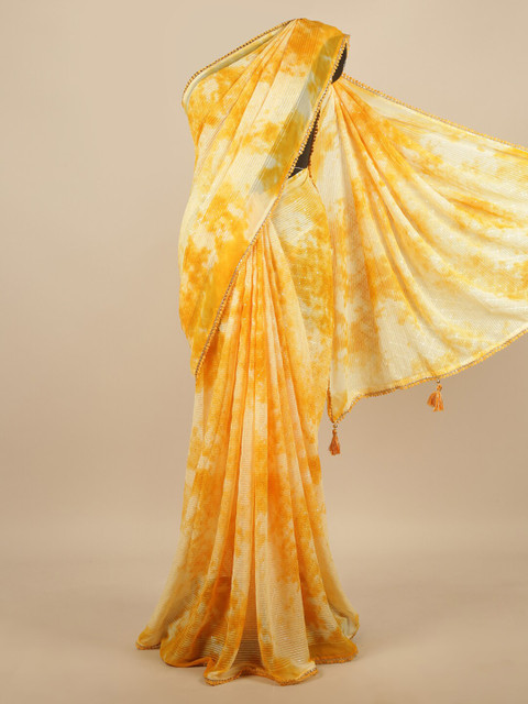 

Pothys Yellow & White Tie and Dye Sequinned Poly Chiffon Saree