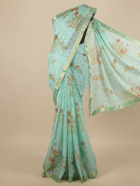 

Pothys Green & Red Floral Zari Poly Chiffon Saree