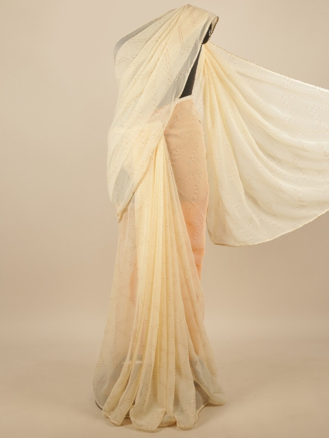 

Pothys Cream-Coloured & Gold-Toned Geometric Printed Chiffon Saree