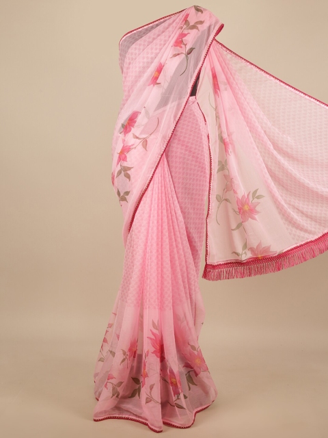 

Pothys Pink Floral Printed With Embroidered Border Poly Chiffon Saree