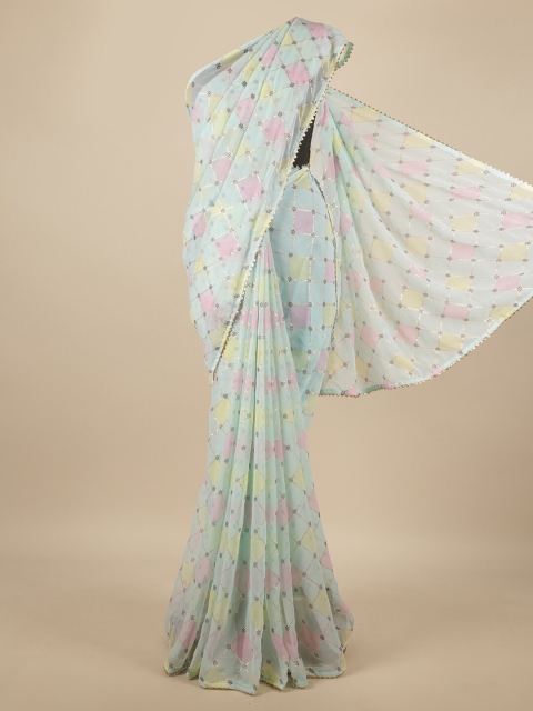 

Pothys Blue & Pink Checked Sequinned Poly Chiffon Saree