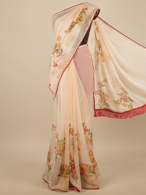 

Pothys Cream-Coloured & Red Floral Printed Poly Chiffon Saree