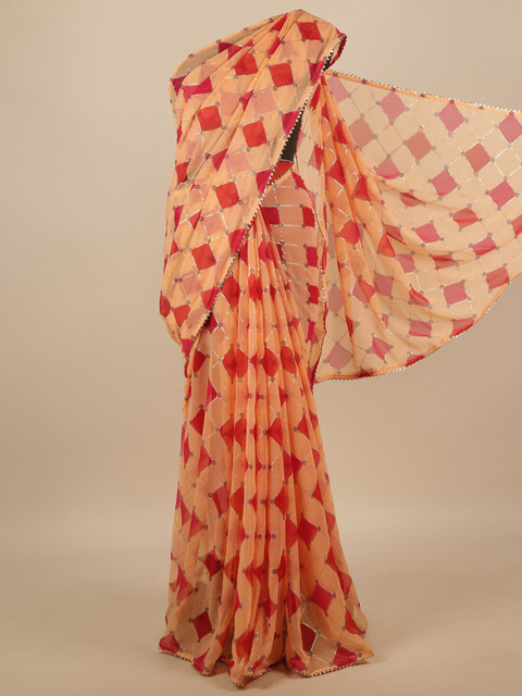 

Pothys Orange & Red Geometric Printed Poly Chiffon Saree