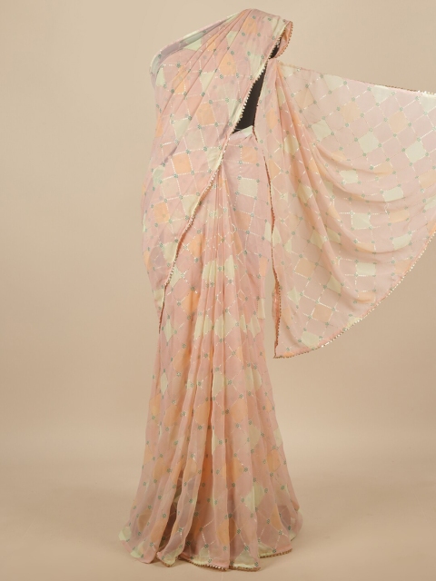 

Pothys Peach & Cream Geometric Printed Sequinned Detailed Poly Chiffon Saree