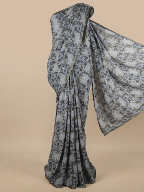 

Pothys Grey & Charcoal Floral Printed Poly Chiffon Saree