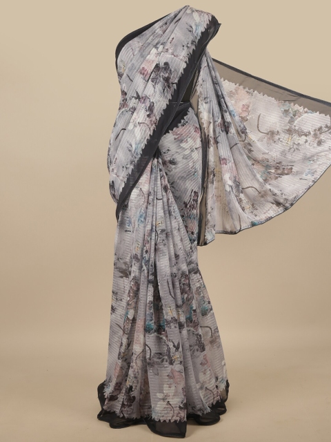 

Pothys Grey & Black Floral Printed Sequinned Detailed Poly Chiffon Saree