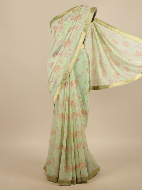 

Pothys Green & Pink Floral Sequinned Thread Work Poly Chiffon Saree