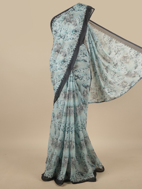 

Pothys Blue & Grey Floral Sequinned Poly Chiffon Saree