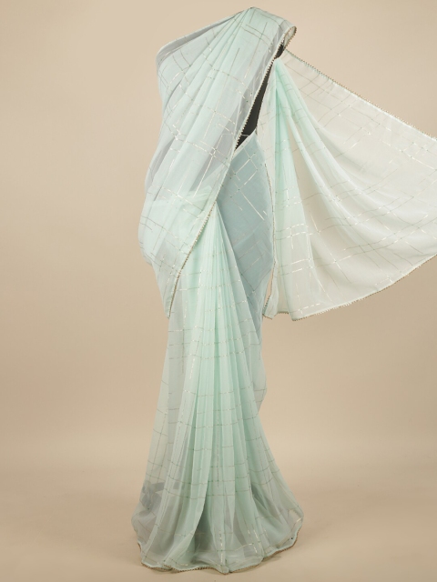 

Pothys Blue & Gold Checked Printed With Embellished Border Poly Chiffon Saree