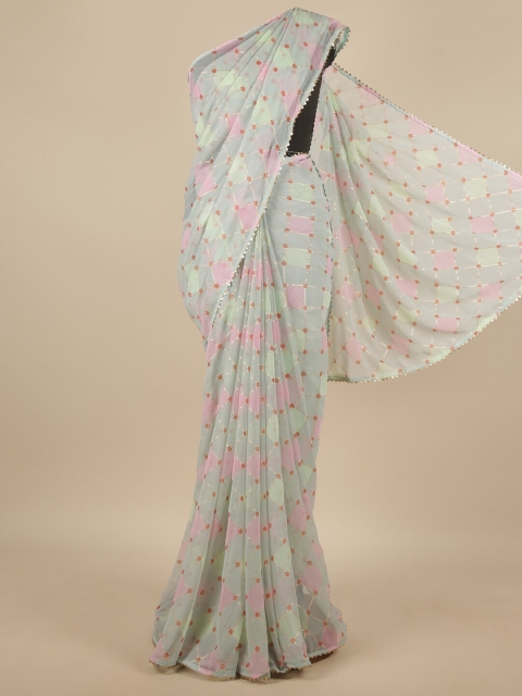 

Pothys Blue & Pink Checked Zari Poly Chiffon Saree