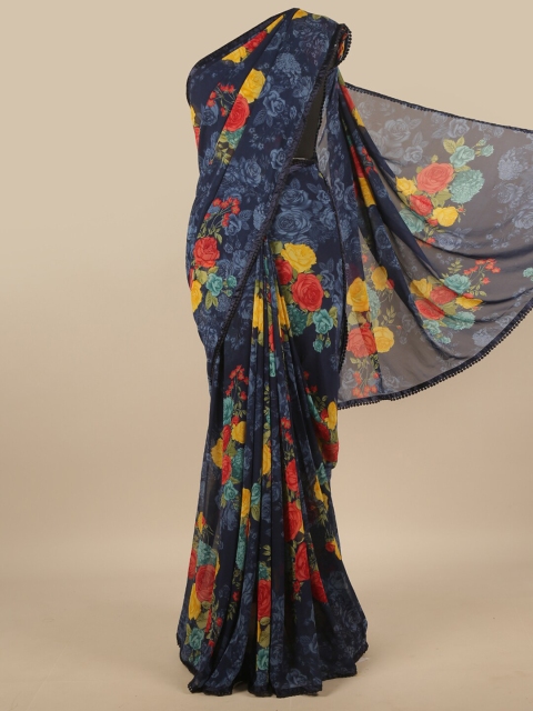 

Pothys Navy Blue & Yellow Floral Printed Poly Chiffon Saree