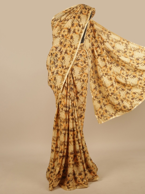 

Pothys Yellow & Brown Floral Sequinned Poly Chiffon Saree