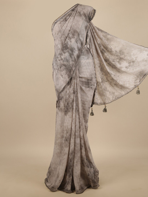 

Pothys Grey Tie and Dye Printed Sequinned Detailed Poly Chiffon Saree