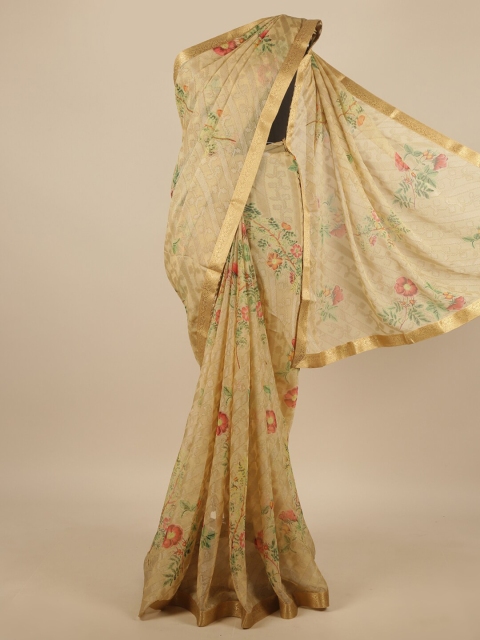 

Pothys Cream-Coloured & Green Floral Zari Saree