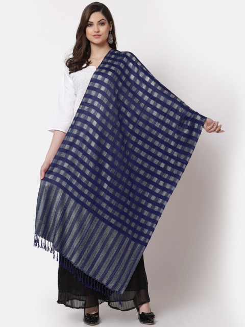 

KLOTTHE Women Blue & Silver-Toned Checked Wool Stole