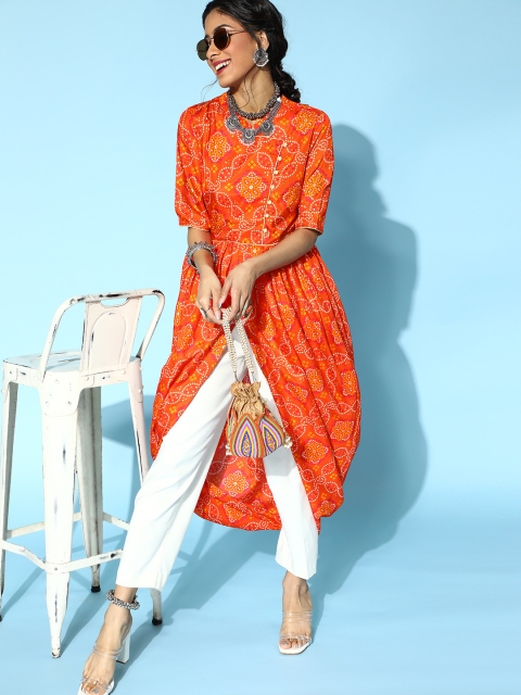 

Luni Bright Orange Polyester Indie Print Kurta