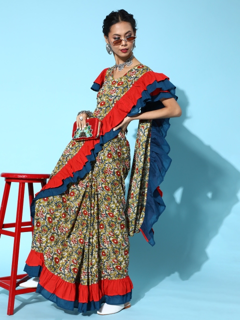 

Luni Floral Saree with Solid Border, Green