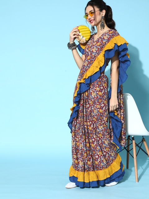

Luni Floral Saree with Solid Border, Maroon