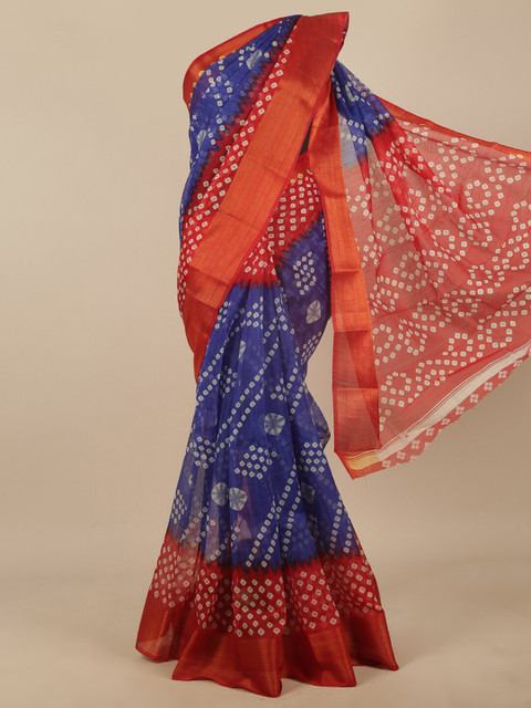 

Pothys Blue & Red Bandhani Printed Zari Saree