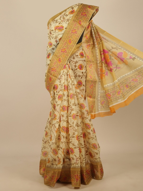 

Pothys Cream-Coloured Floral Printed Cotton Blend Saree