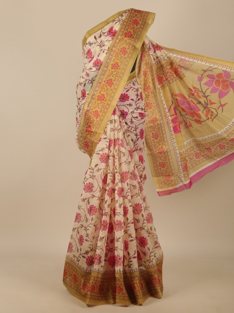 

Pothys Cream-Coloured & Pink Floral Saree