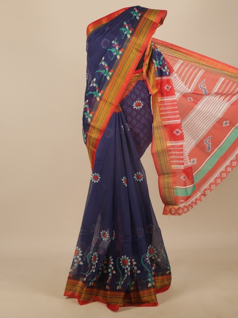 

Pothys Blue & Orange Ethnic Motifs Printed Saree