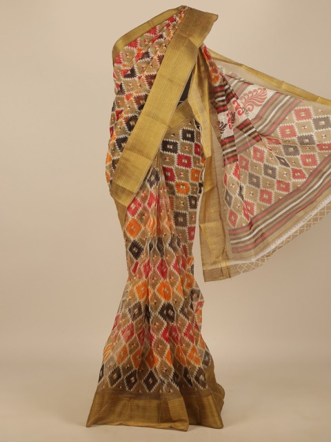 

Pothys Gold-Red Geometric Printed Cotton Blend Saree