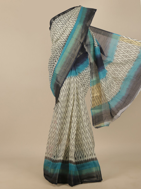 

Pothys Cream-Coloured & Blue Ethnic Motifs Zari Saree