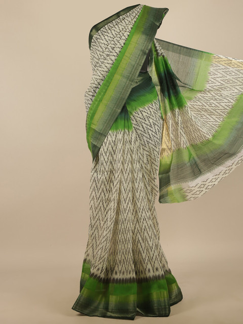 

Pothys Cream-Coloured & Green Ethnic Motifs Zari Saree