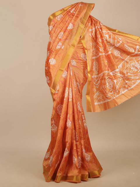 

Pothys Peach-Coloured & White Ethnic Motifs Zari Jute Silk Saree