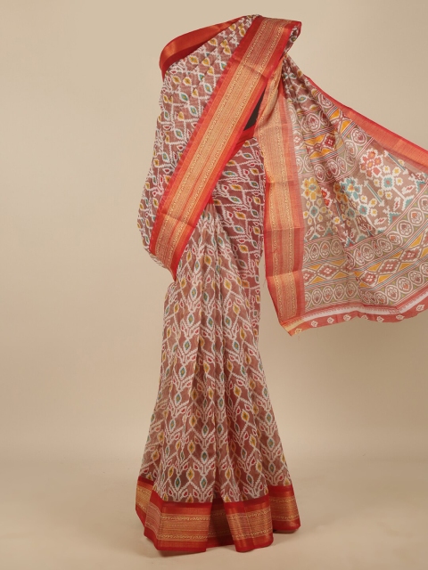 

Pothys Brown & Red Ethnic Motifs Printed Zari Saree