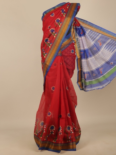 

Pothys Red & Blue Floral Printed Cotton Blend Saree