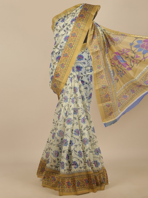 

Pothys Cream-Coloured & Blue Floral Saree