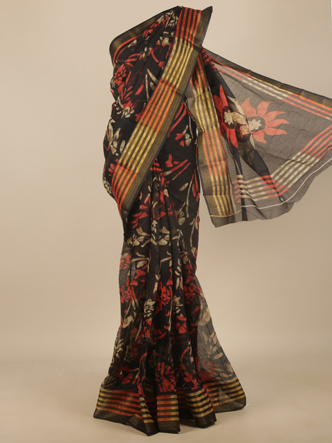 

Pothys Black & Red Floral Printed Zari Saree