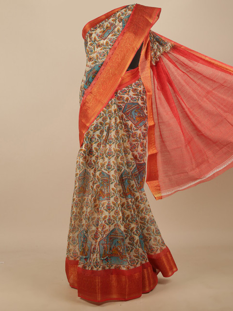 

Pothys Orange & Blue Ethnic Motifs Zari Saree