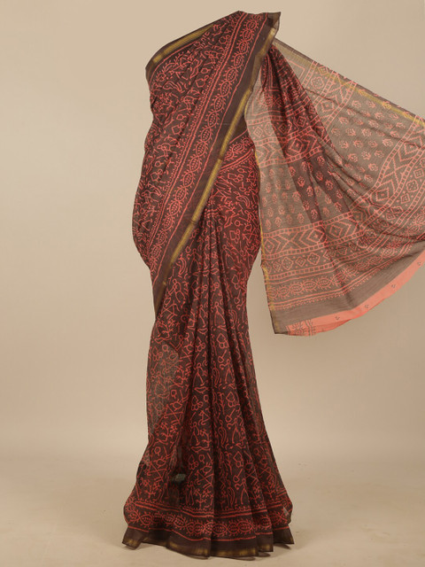 

Pothys Brown & Coral Printed Zari Saree
