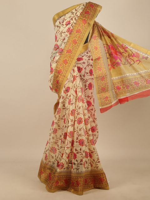 

Pothys Cream-Coloured & Red Floral Printed Saree