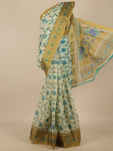 

Pothys Cream-Coloured & Green Floral Saree