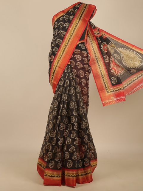 

Pothys Black & Orange Paisley Printed Saree