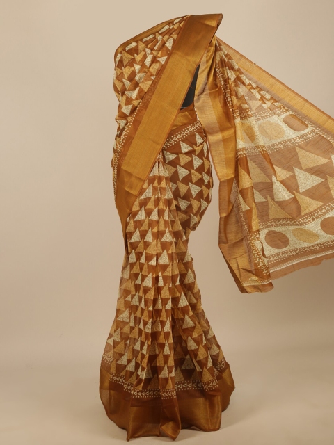 

Pothys Khaki & Orange Printed Zari Saree