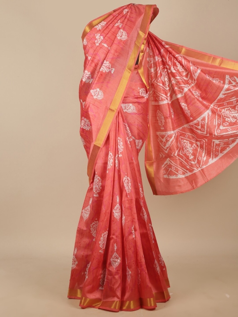 

Pothys Pink & White Ethnic Motifs Zari Jute Silk Saree