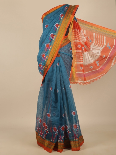 

Pothys Blue & Orange Floral Zari Saree
