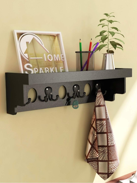 

Home Sparkle Black Wall Shelf with Hooks