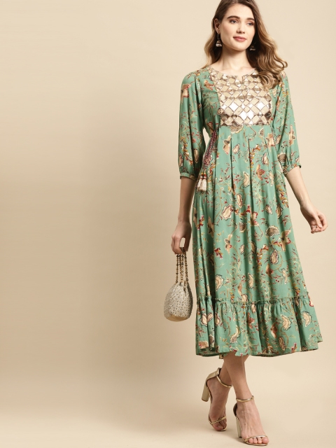 

RANGMAYEE Green & Red Ethnic Motifs Printed Ethnic A-Line Midi Dress
