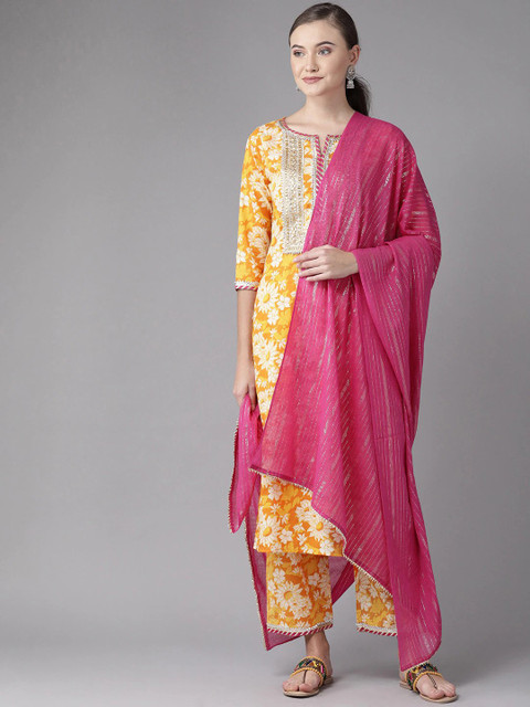 

anayna Women Mustard Yellow Floral Printed Pure Cotton Kurta with Trousers & With Dupatta