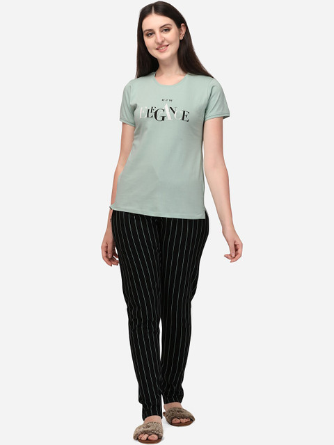 

Lenissa Women Sea Green & Black Printed Pure Cotton Night suit